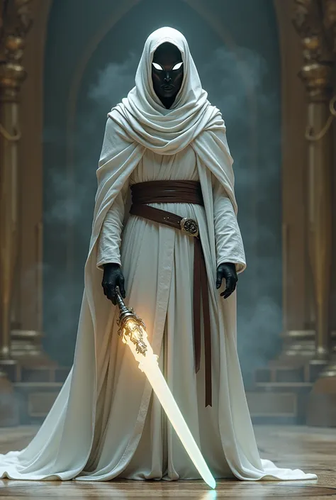 star wars alien umanlike High guards, with a White robe and carbon black skin, White lightful eyes and a strange sword