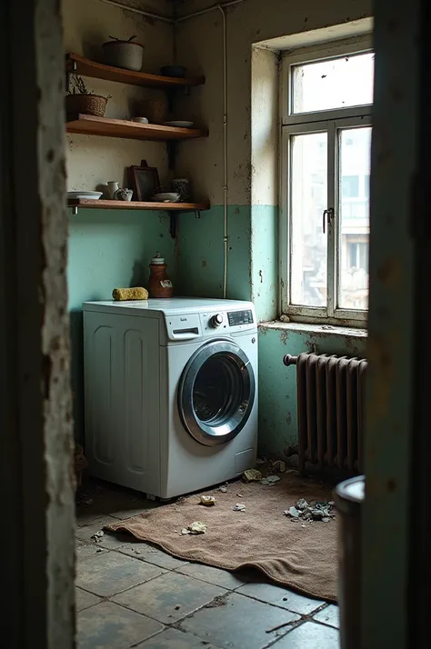 A shabby apartment with a new LG washing machine