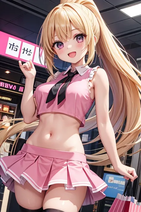 1 girl, best quality, masterpiece, 8K, cute, shiny skin, pink shirts, crop top, sleeveless, (navel:1.2), midriff, bare stomach,  bare shoulder, micro skirt, frilled skirt, single thighhighs, huge breasts, long hair, blonde hair, ponytail, black eyes, smile...