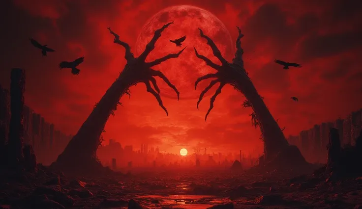 Two giant bone arms protrude from a huge red portal. The hands are black. Crows are flying in the sky. A crimson sunset, scarlet clouds in a black sky. A bonfire is burning. the ruins of the city. The Gate to Hell