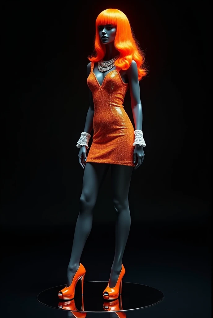  On the black glass floor with a black background and black mannequin.  Do a hairstyle on the orange wig ,  this is the Black hairstyle with armed volume .  Make the black mannequin with fantastic pose .  Orange high-heeled sandal and orange wig .  Light b...