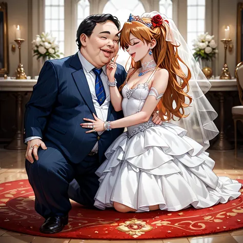 (( top quality)), ((masterpiece)), ( Details), （ perfect face）、The woman wears an engagement ring at a gorgeous wedding hall at Soryu Asuka Langley, wears a gorgeous wedding dress and gorgeous jewelry accessories, and happily hugs and snuggles with a middl...