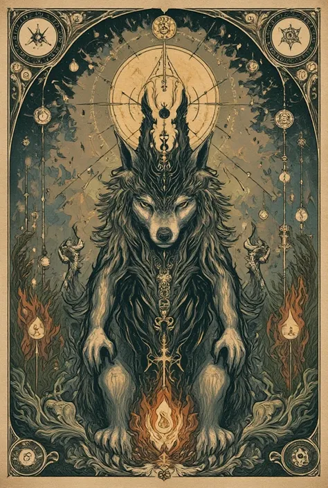 Werewolf, represented through alchemical symbolism, with geometric patterns, mystical creatures, and hidden meanings rendered in antique tones of COLOR