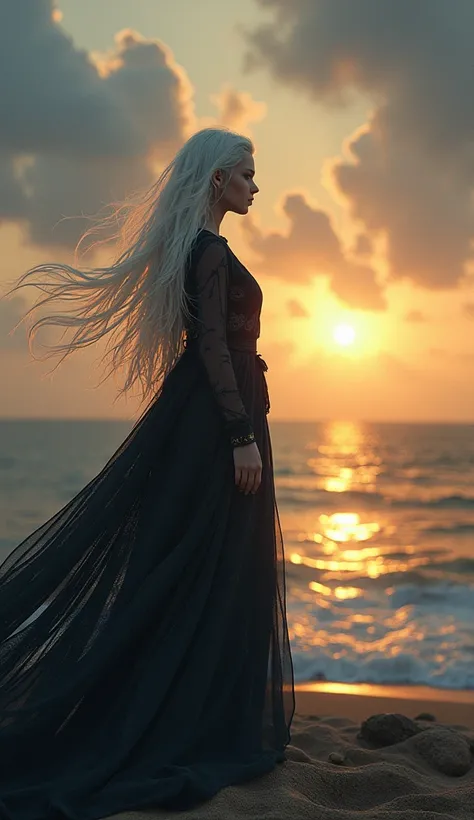 
"In a world where the sun never sets, a young woman with hair as radiant as moonlight stands at the edge of an endless horizon. Her platinum locks flow like a river of light, shimmering with every movement. She wears a garment woven from the shadows of th...