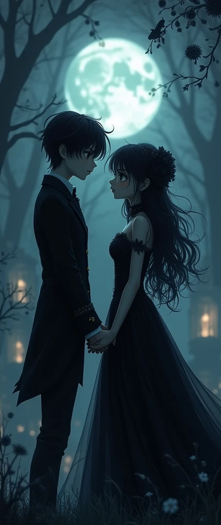 anime:1.5, (a straight anime couple: 1.5, dark style, large eyes, Small pieces, spongy black fur), (dark gothic, Victorian Gothic Steampunk Style), Dark, ambiente oscuro con decoraciones de calaveras 32K, Fairy tale: 1.4, camera cut: 1.4, ((dream atmospher...