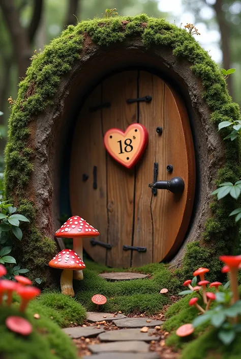 An invitation in the shape of an oval door with the opening part has a beautiful caladito and a moñorosa in the center and inside it has moss and mushrooms and in the center on a round table that says sweet 18 Sara Morales on December 7 at 3 in the afterno...