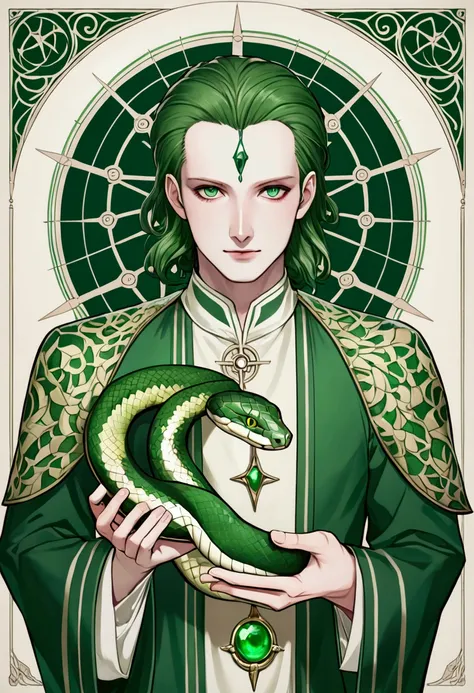 1guy, pale skin, green eyes, snake pupil, in the forehead ophiuchus sign, victorian white green tunic, holding a huge warhamemer