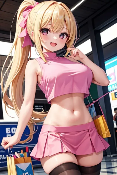 1 girl, best quality, masterpiece, 8K, cute, shiny skin, pink shirts, crop top, sleeveless, (navel:1.2), midriff, bare stomach,  bare shoulder, micro skirt, pencil skirt, single thighhighs, huge breasts, long hair, blonde hair, ponytail, black eyes, smile,...