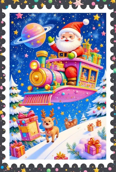 Christmas postcard，Stamp border，Christmas greeting card， flying train in the air，Planet，Galaxy，A train full of gifts，Little train ，坐在Little train 上的快乐的圣诞老人戴着绿色手套，Candy Blast