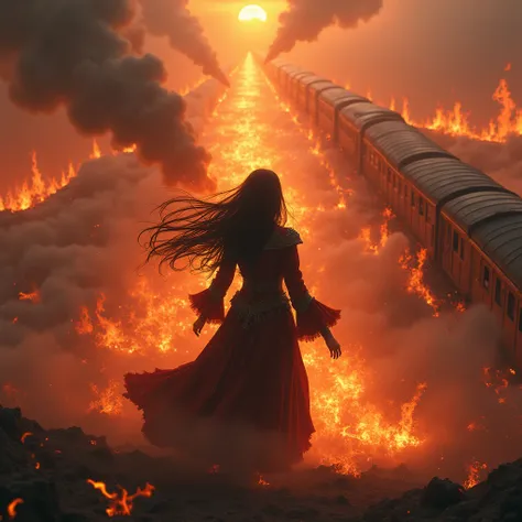 Un champ de bataille. Un train en feu. Lambiance est mystique et rougeoyante. Vu den haut par une femme de dos. La femme a de longs cheveux noirs et fait de la magie du feu. Épique.