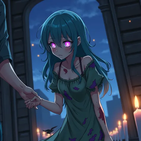 2D anime a woman of short stature, tender with disheveled turquoise hair, long wavy, purple eyes shining magically, wearing a green dress with broken purple and very dirty, with lots of bruises, with eyes devoid of emotion, would be pulling a hand walking ...