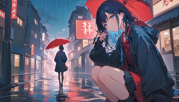 An emotional and heartfelt album cover inspired by the song 君が幸せであるように. The design features a rainy urban street with soft, glistening reflections on the wet pavement. A single figure stands under a red umbrella, looking wistfully at the horizon. In the ba...