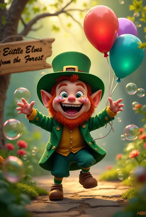 A leprechaun in a wool hat .  Playing and celebrating with bubbles and balloons .  His face will have stains of paint and behind it will be a wooden sign that says “little elves from the forest”