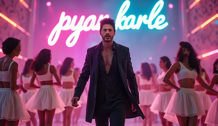 "An energetic Bollywood dance scene featuring a confident male lead in stylish black attire, surrounded by a group of vibrant female dancers dressed in white outfits. The background showcases a festive and colorful ambiance with bright lighting, giving a p...