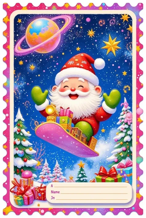 Christmas postcard，Stamp border，Christmas greeting card， flying train in the air，Planet，Galaxy，A train full of gifts，Little train ，坐在Little train 上的快乐的圣诞老人戴着绿色手套，Candy Blast，funny illustration