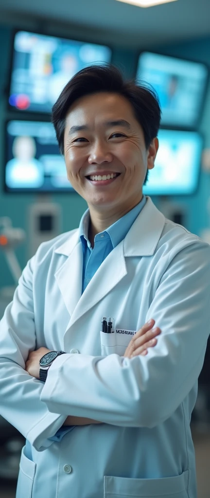  Create a photo of a beautiful Vietnamese doctor, smiling, in the hospital live stream , technology