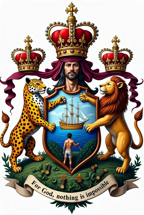  Create a coat of arms with a Brazilian jaguar and a lion 3 crowns a Brazilian imperial crown in the center 2 royal crowns one on each side. Inside the Coat of Arms I want the golden ship with cannons in the ocean Coat ,  Play also put a man in the field w...