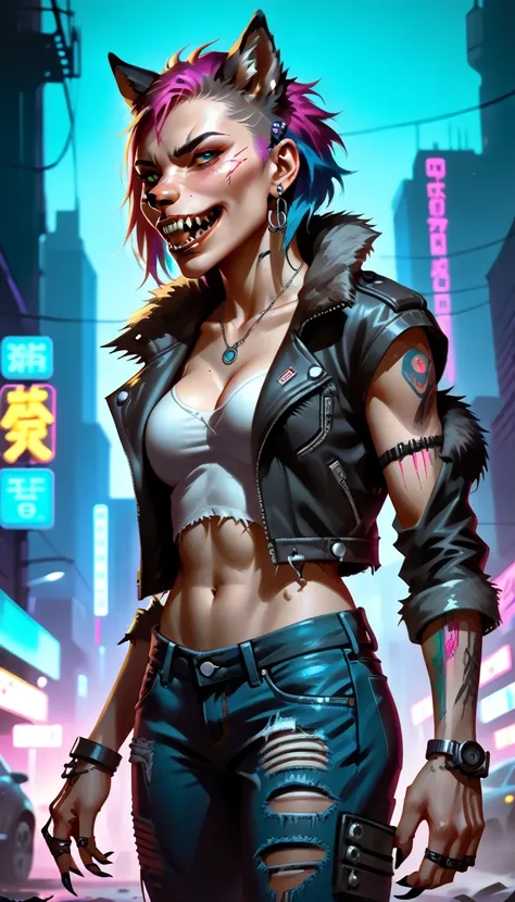 a female werewolf in a cyberpunk city, cyberpunk outfit, sleveless jacket, fur on arm and hands, colorful hair on cyberpunk hairstyle, mechanical claws, fangs, breast, wolf face, medium big bust, punks torn jeans, glowing cyberpunk neon lights, detailed di...