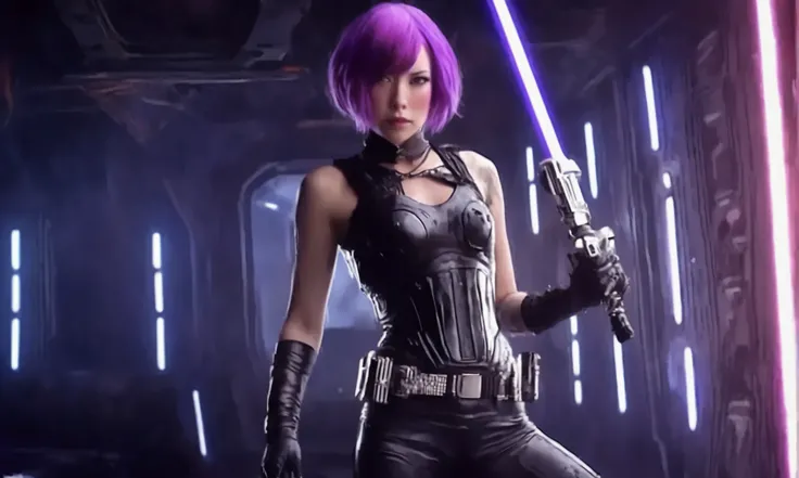 A cute woman (violet hair, violet eyes, sexy violet body suit extremely revealing, some electronic components on the suit with lit displays, laser pistol, chain sword (chain saw bladed sword makes a real bloody mess of foes)), role of space pirate captain,...