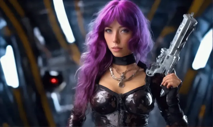 A cute woman (violet hair, violet eyes, sexy violet body suit extremely revealing, some electronic components on the suit with lit displays, laser pistol, chain sword (chain saw bladed sword makes a real bloody mess of foes)), role of space pirate captain,...