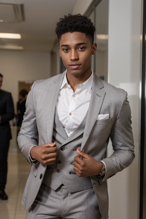 A handsome black-skinned man like actor Keith Powers dressed in a suit.