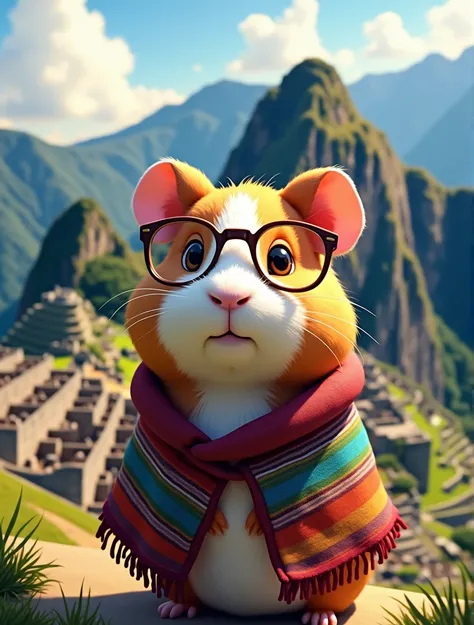 ILLUSTRATION OF A GUINEA PIG WITH GLASSES AND HAVING A PONCHO IN MACHU PICCHU