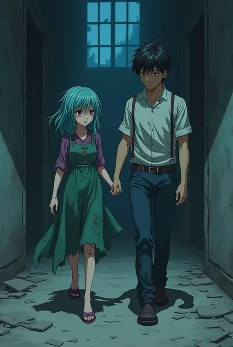 2D anime: a woman of short stature, tender with disheveled turquoise hair, long wavy purple eyes, wearing a green dress with broken purple and very dirty, with many bruises, with emotionless eyes, pulling a mans hand walking down a dirty corridor and broke...