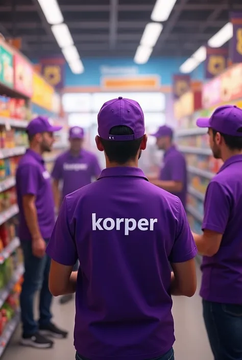 vendors wearing purple shirts and hats that say Korper in a supermarket