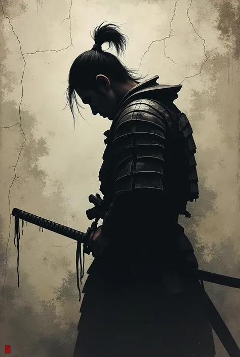 **The Shadow of a Worn-Out Samurai**  

On the wall, a shadow of a samurai appears—silent and still. His katana hangs loosely by his side, and his head bows in exhaustion. The outline of his armor is fractured, worn by time, while his topknot faintly blend...