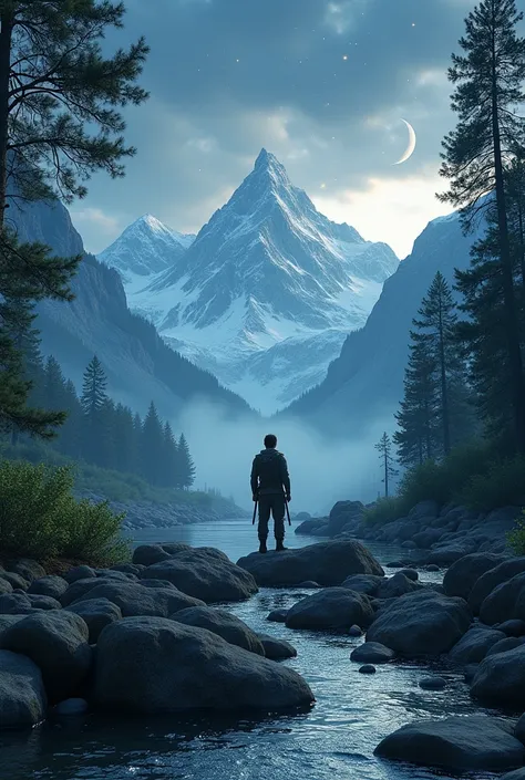 Man standing alone among mountains, rivers, trees, moon, night stars