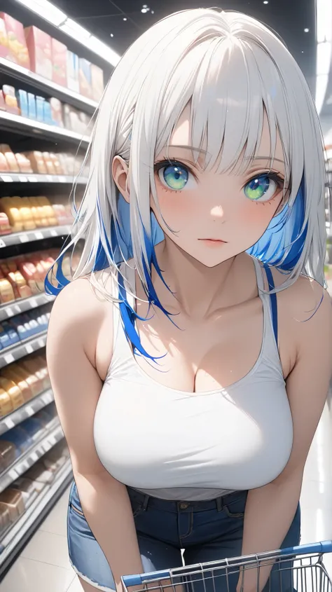 face details,semi realistic, Masterpiece, Master work, perfect , 4k, 1woman, adult woman, full body display mature body, big breast breasts, straight shoulder-length hair, flat bangs hair style, white hair, white colored hair , (((blue streaks - white hair...