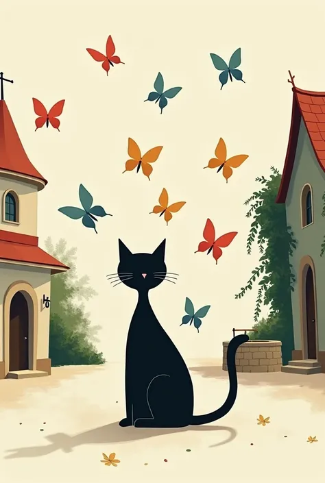 Affiche minimaliste dune chatte noire avec des papillons colorés sur la place dun village. Il y a une petite église, un puit et du lierre sur la façade dune maison 