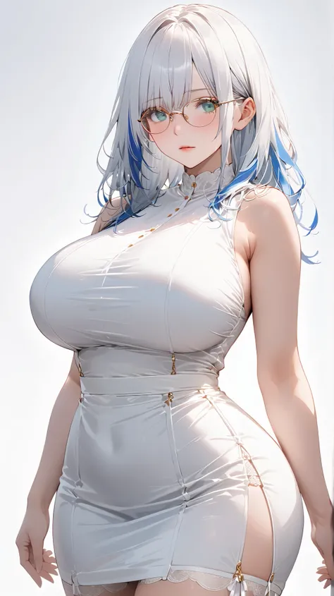 full body display, face details,semi realistic, Masterpiece, Master work, perfect , 4k, 1woman, full body display, adult woman, mature body, big breast breasts, straight shoulder-length hair, flat bangs hair style, white hair, white colored hair, (((blue-s...