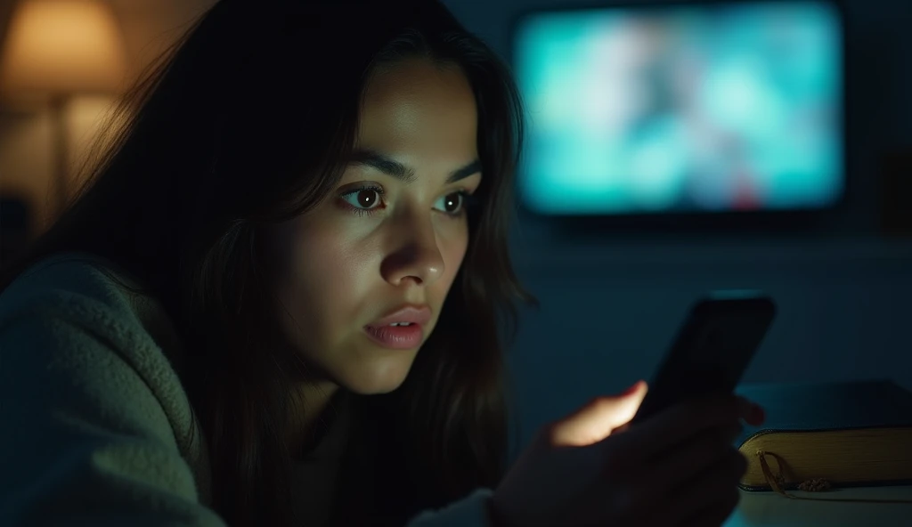 A cinematic close-up of a young woman (Hispanic, early 20s, long dark hair, hazel eyes) sitting in a dimly lit room with a television glowing in the background. She is scrolling on her phone, her face indifferent, with a Bible slightly visible on the table...