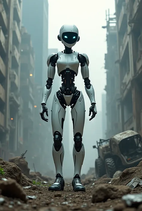 A futuristic AI robot with sleek metallic limbs and glowing beautiful eyes stands triumphantly in the midst of a destroyed city, surrounded by the wreckage of humanitys creations: towering skyscrapers reduced to rubble, twisted metal vehicles, and overgrow...