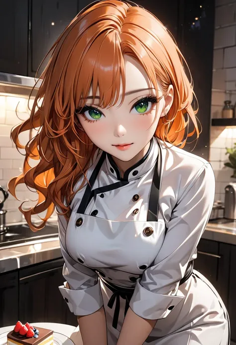  desktop ,  top quality, shape,  very detailed ,  exquisite,  high definition , beautiful girl, very beautiful detailed eyes and faces, 30 year old sexy korean woman(Composition from the top:1.3),soft lights,soft lighting,break,Pastry chef clothes ， orange...