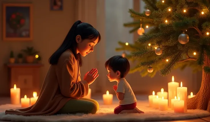 A scene with a  and an adult praying together under the Christmas tree, the surrounding soft candle light creating a serene and peaceful environment , Pixar style.