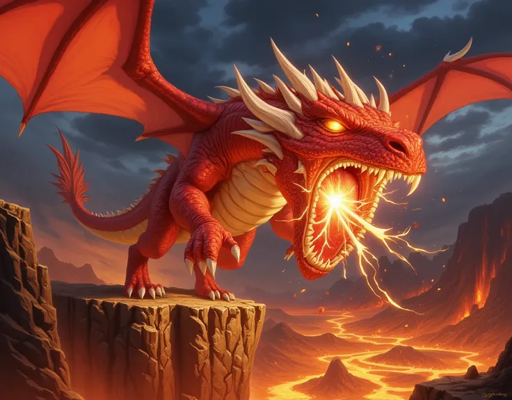 A majestic red dragon mid-roar, its powerful body radiating raw energy and its vibrant crimson scales shimmering with fiery highlights under a dramatic light. The dragons massive wings are spread wide, catching the glow of a molten, lava-filled landscape b...