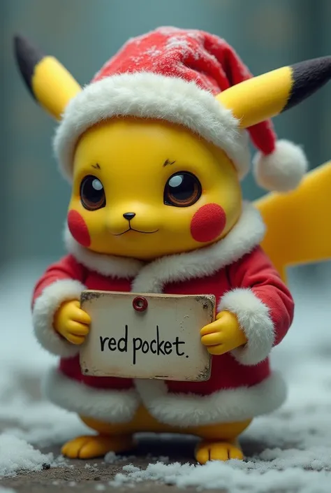 Poor Pikachu in Santa Claus costume 
Holding a sign with the phrase red pocket