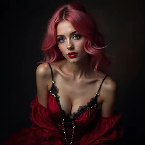 Ultra Realistic Photoa Model darkpink hair, seductive look,ice blue eyes in barkred posing for a photo, gelbnightwear, seductive underwear camisole, seductive camisole, Victorias Secret, black and gold silk clothing, flowing blood red silk, dark silk wear,...