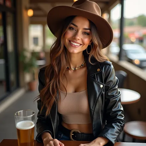 ((Full body picture of a beautiful colombian woman with pale skin, wearing a   Beige crop top,  
 Balck leather jacket , fedora brown hat, pretty black ankle boots, hoop earrings, long wavy caramel litgh hair, black eyes, a big bust, smiling coquettishly, ...