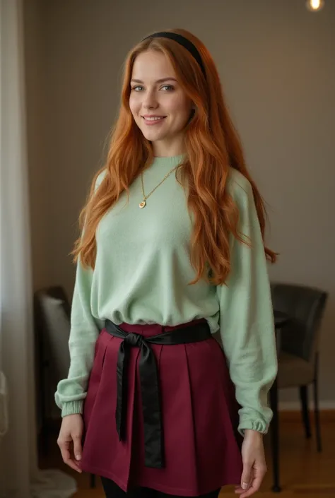 ultra Realistic upper body of a beautiful young red haired german woman with long hair, headband, Necklace, smile. Beautiful legs and high heels , She stands in the livingroom, She wears a light green kneeted sweater   and a tight, burgundy high waist knee...