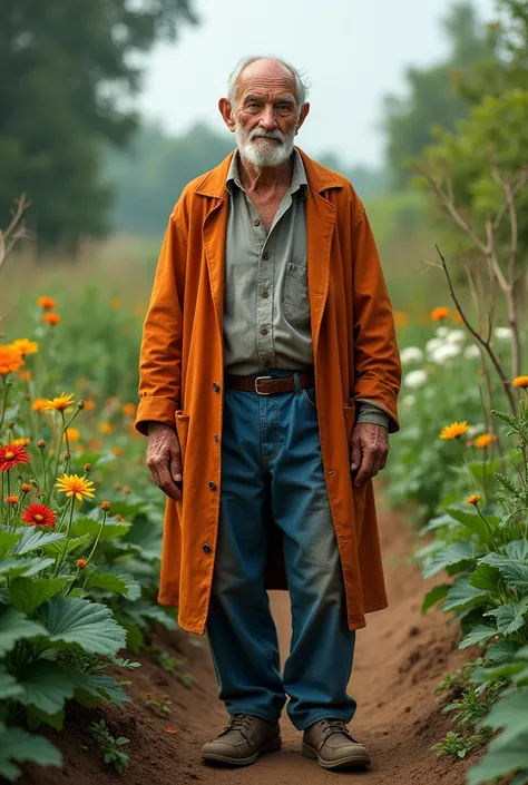 An old farmer wearing grey shirt over orange coat and blue pants standing staring in a garden 