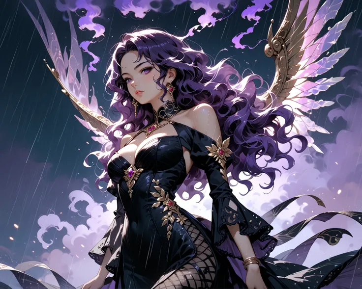 A beautiful (((Death goddess))), with flowing (((Purple wavy hair))), extending into luxurious Purple (((Smoke wings))), set against a (background of a (rainy night sky)), with a full-body shot, Anime, Luxurious Black dress