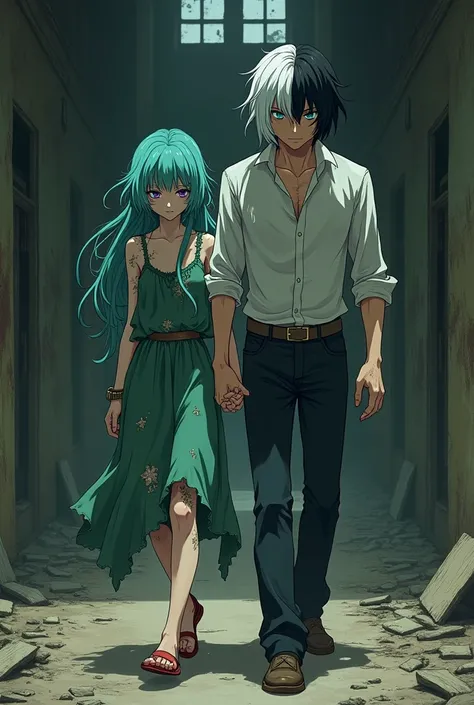 2D anime: a woman of short stature, tender with long disheveled turquoise hair and purple eyes, wearing a green dress with broken purple and very dirty, with many bruises, with emotionless eyes, pulling the hand of a tall man with half black and half white...