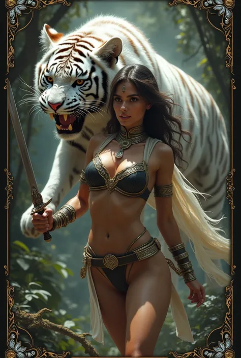  drawn on a card with a silver arabesque border (((Picture of a beautiful woman fighting with a roaring white tiger ,))) Holding a rapier,   with gorgeous black bikini armor and intricate reliefs framed with gold,  with a beige-tinged white cloak and a bei...