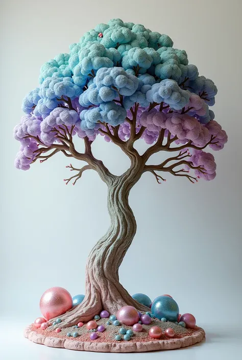 Add the colors, blue, pink, purple, silver, green, to this plaster tree 