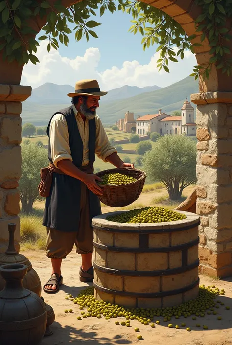 In 1775, on an Andalusian farm, a man unloads a basket of olives in the oil mill