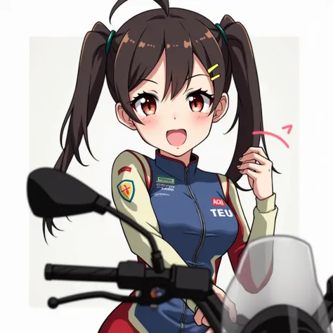  1 girl,  boobs, smile, Black hair, Twintail,  red-eyed, Black eyes, Redhead,  Heterochromatic Pupil, fun /  happy , Bright eyes,  flaunts soft cheeks, Orange Gold Highlight Hair ,Put on a racing suit,Cybybright Motorbike,Hair clip, Anime, สไตล์Anime, movi...