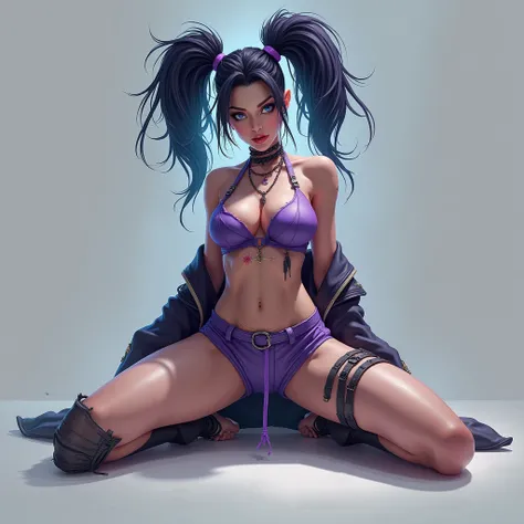 Jinx(Arcane), Legs Spread, Purple Shorts(Ripped), Halter Top, On Table1girl, Simple background, Twintails, 